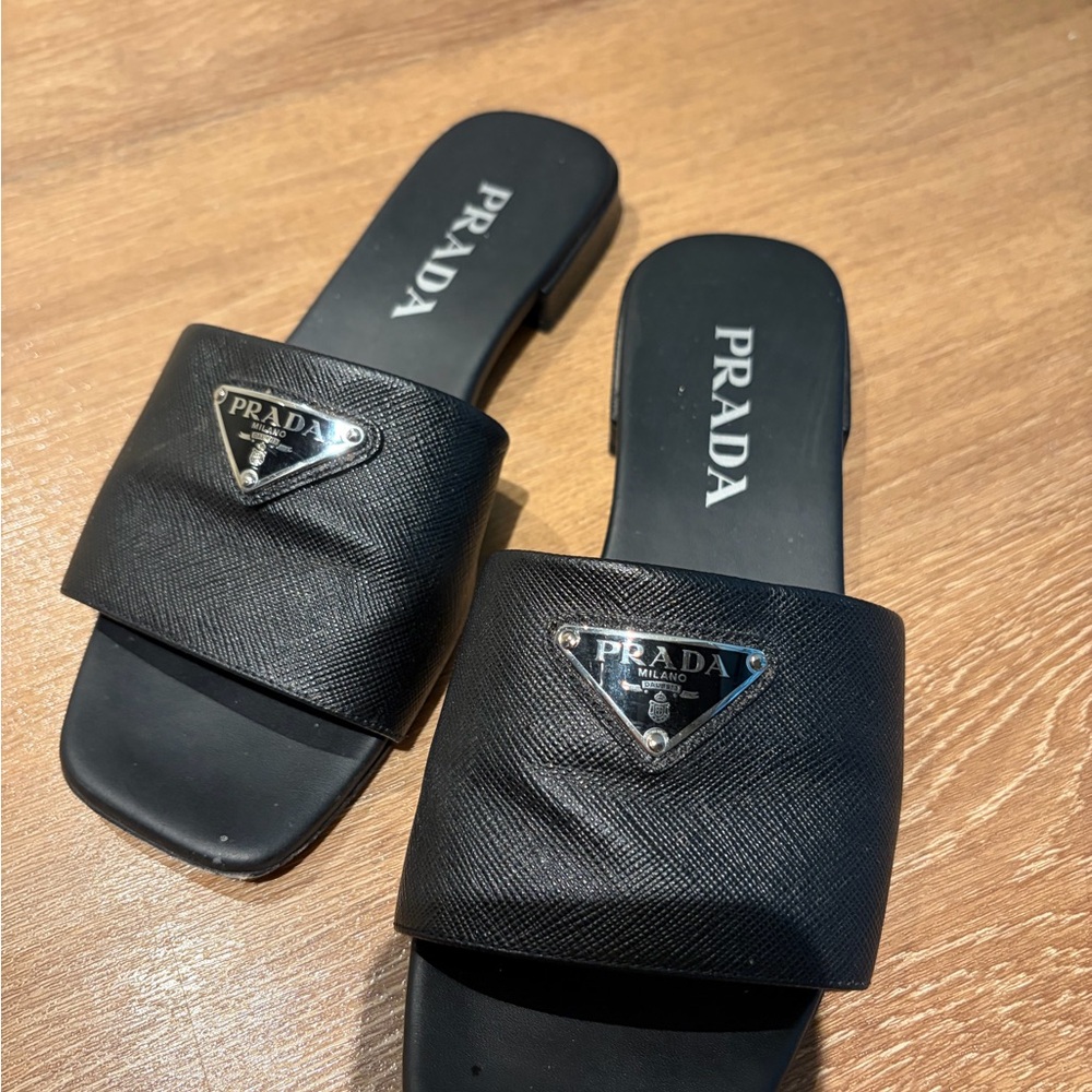 Prada Black Leather Sandals Silver Logo - Picture 3 of 3